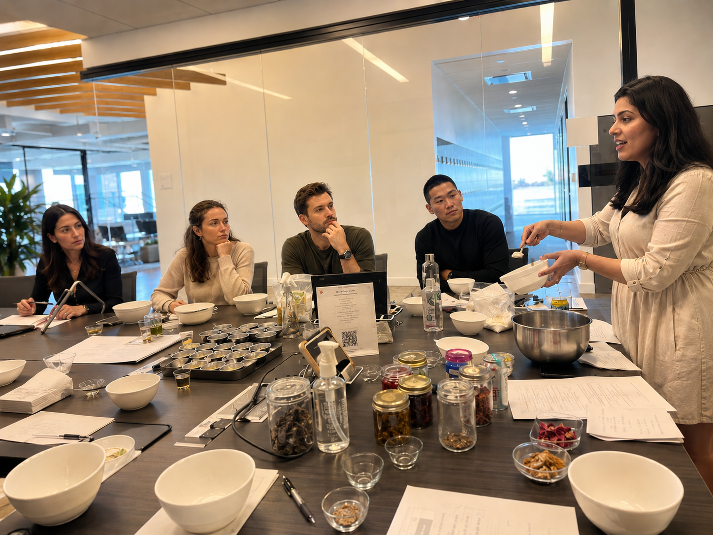 A Fizzi instructor demonstrating with a bowl at the head of a long workshop table, attendees seated with materials, bowls, and ingredients laid out in front of them in an office space.