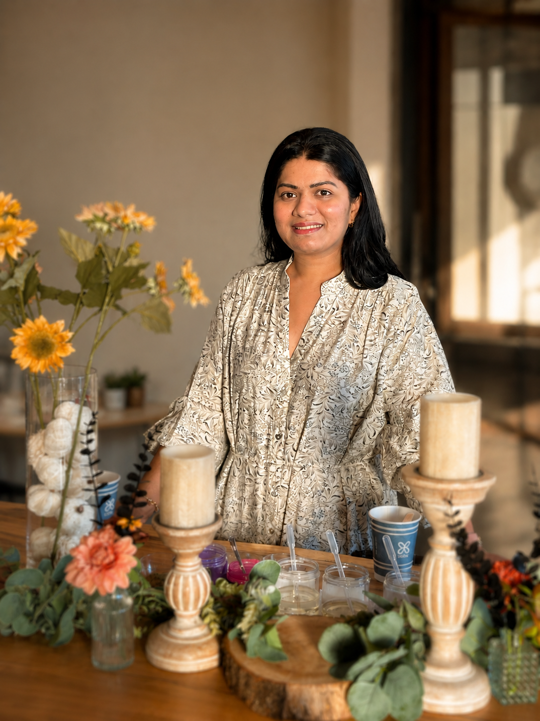 Aish, a Fizzi maker and teacher, standing behind a workshop table set with sunflowers, wooden candlesticks, eucalyptus, and small jars of materials in warm afternoon light.