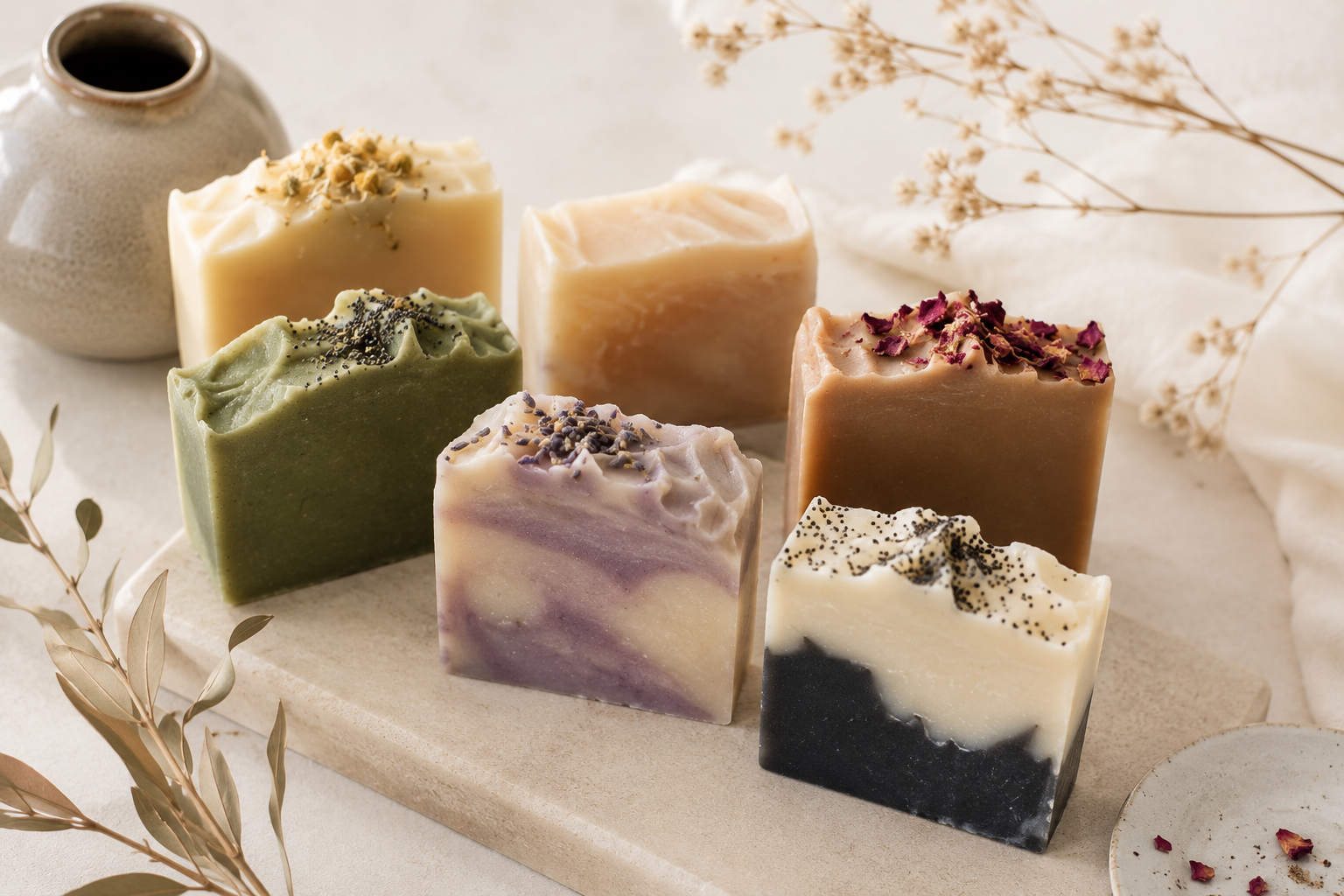 Six cold-process soap bars in different colors and botanical toppings — chamomile, lavender, rose petals, poppy seed, and matcha — lined up on a warm stone slab with dried foliage.